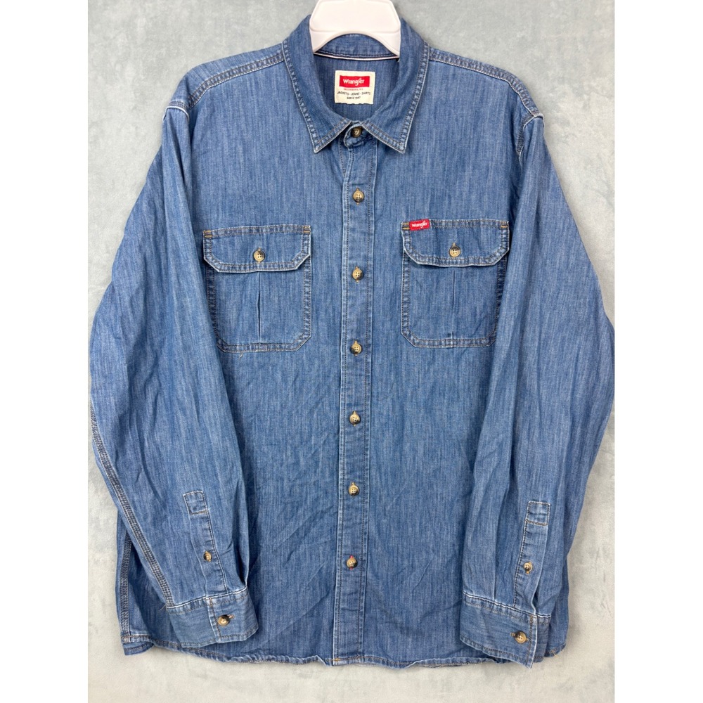 Wrangler Mens Blue Denim Long Sleeve Button Up Work Shirt Large 112359126